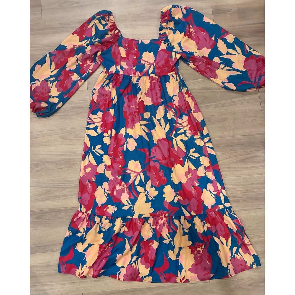 Blue and Pink Floral Print Square Neck Long Sleeve Maxi Dress